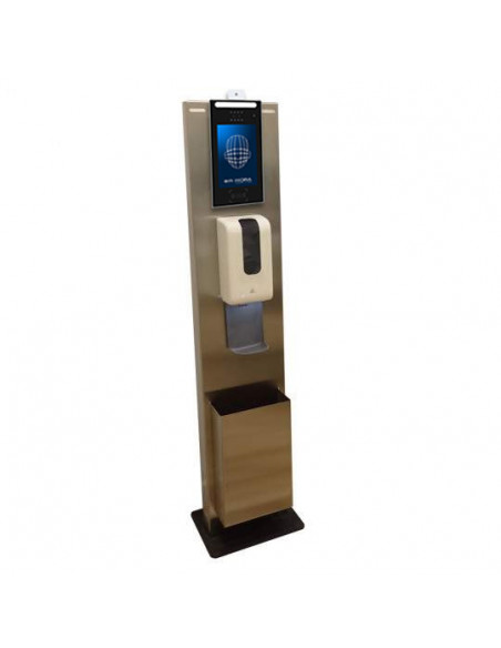 Totem para terminal facial y temperatura Proxyface TWO, dispensador de gel y papelera. Totem para terminal facial y temperatura Proxyface TWO, dispensador de gel y papelera.