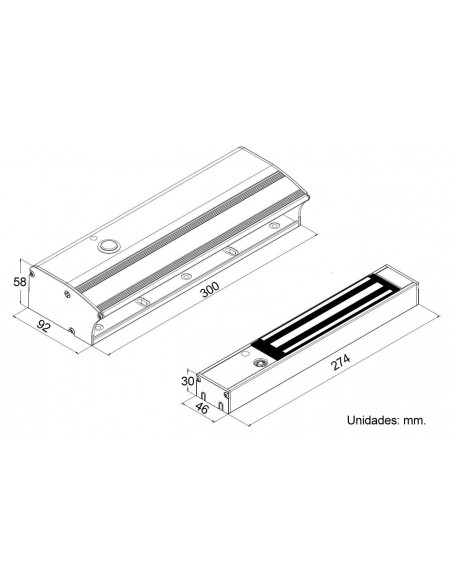 Tirador con cerradura electromagnética y pulsador incorporados - Dimensiones Tirador con cerradura electromagnética y pulsador incorporados - Dimensiones